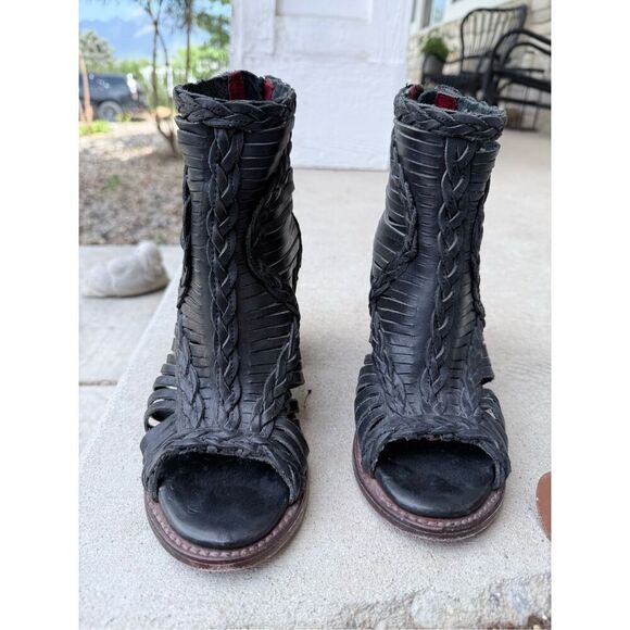 Freebird Washed Black Bela 100% Leather Cross Braided Ankle Western Boho Boots - Picture 3 of 14